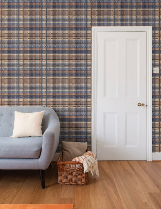 Blue and Brown Farmhouse Wallpaper Bit and Rein Pattern Plaid Luxury Equestrian Home Decor