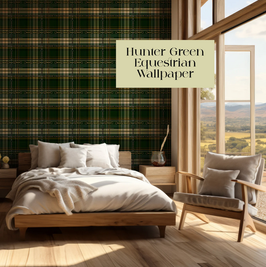 Hunter Green Equestrian Wallpaper Fox and Hound Decor Bit and Rein Pattern Traditional Red and Brown Plaid Luxury Equestrian Home Decor
