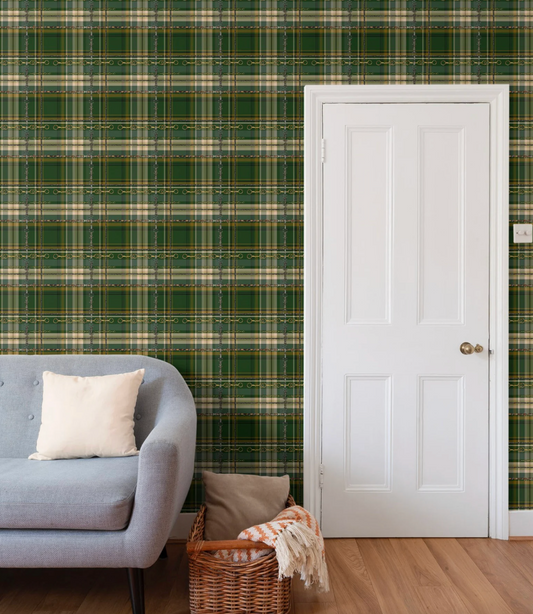 Hunter Green Equestrian Wallpaper Fox and Hound Decor Bit and Rein Pattern Traditional Red and Brown Plaid Luxury Equestrian Home Decor