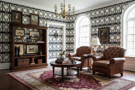Elegant Equestrian Wallpaper Ivory and Black Equestrian Home Decor