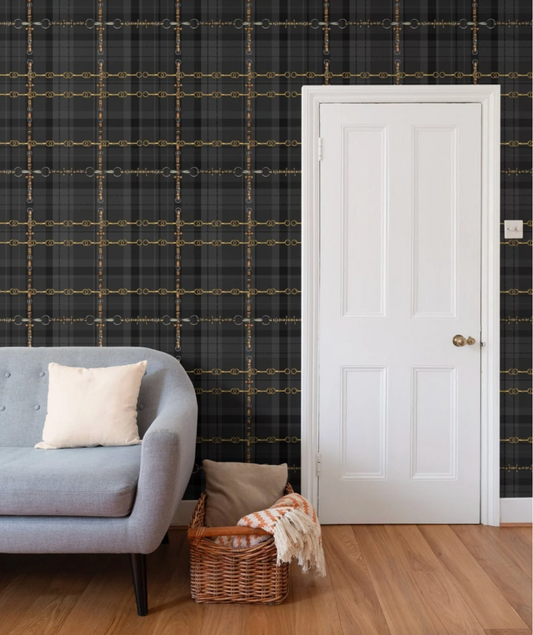 Black Equestrian Wallpaper Bit and Rein Pattern Plaid Luxury Equestrian Home Decor