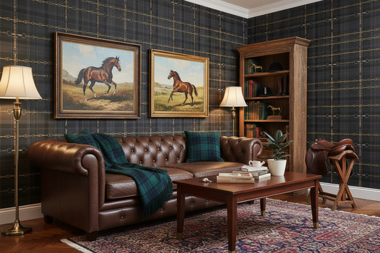 Black Equestrian Wallpaper Bit and Rein Pattern Plaid Luxury Equestrian Home Decor
