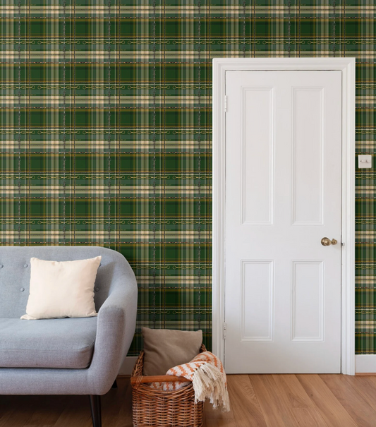 Hunter Green Equestrian Wallpaper Fox and Hound Decor Bit and Rein Pattern Traditional Red and Brown Plaid Luxury Equestrian Home Decor