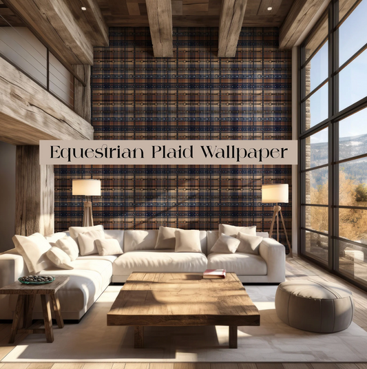 Blue and Brown Farmhouse Wallpaper Bit and Rein Pattern Plaid Luxury Equestrian Home Decor