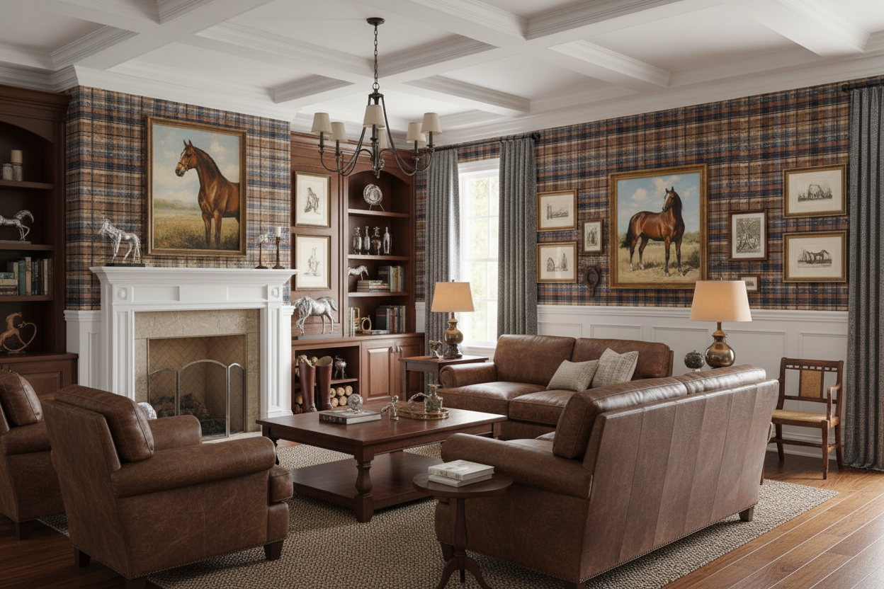 Blue and Brown Farmhouse Wallpaper Bit and Rein Pattern Plaid Luxury Equestrian Home Decor