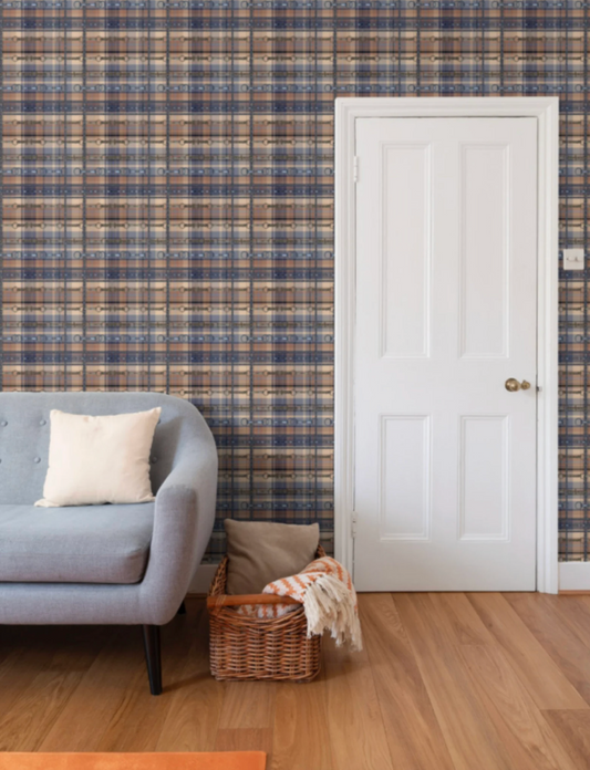 Blue and Brown Farmhouse Wallpaper Bit and Rein Pattern Plaid Luxury Equestrian Home Decor
