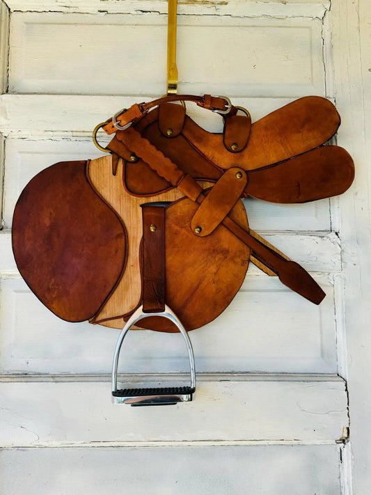 Fox and Hound Hunter Jumper, Leather, Brass, Wood, Art. Authentic Leather and English Stirrup Home Barn Door Wall Decor - Horse Lover gift