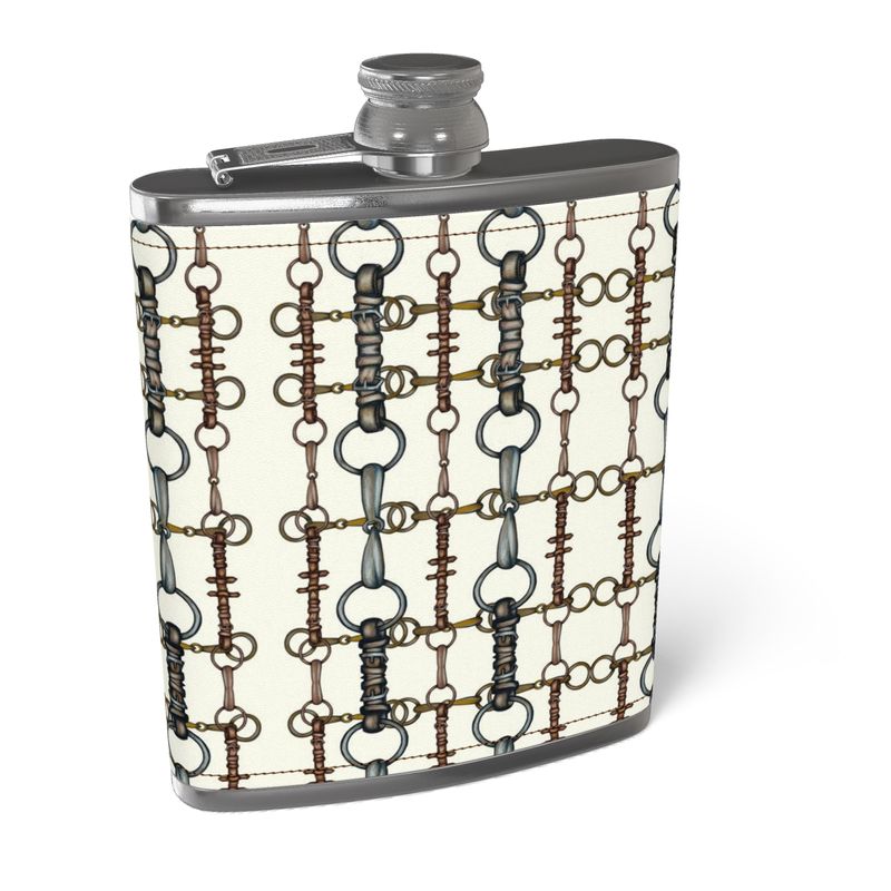 Ivory Bit Motif Leather Wrapped Hip Flask