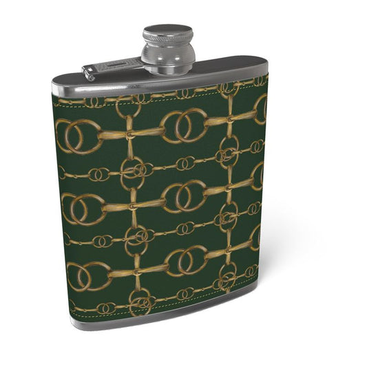 Hunter Green Bit Motif Leather Wrapped Hip Flask, Horse Lover Gift,