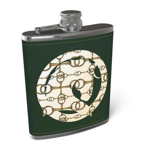 Hunter Green Horse Head Leather Wrapped Hip Flask