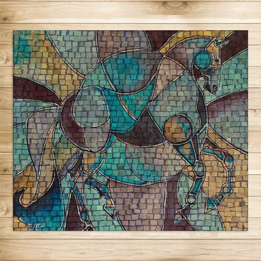 Blue Mosaic Horse Painting Rug 4x5ft