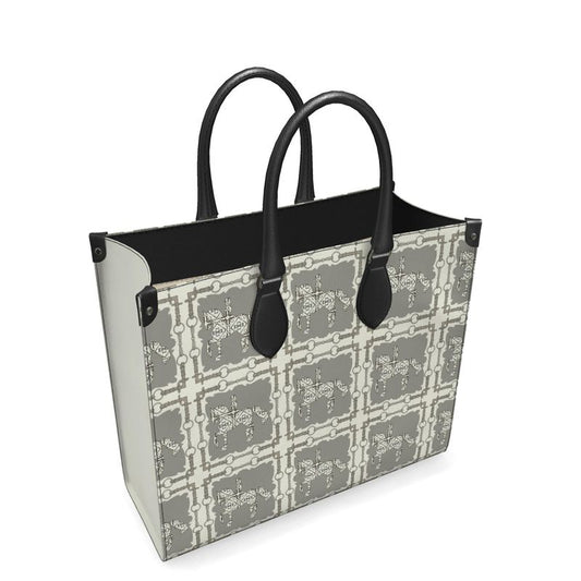 Ivory and Gray Leather Shopper Bag