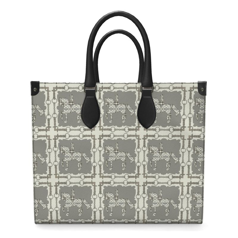 Ivory and Gray Leather Shopper Bag