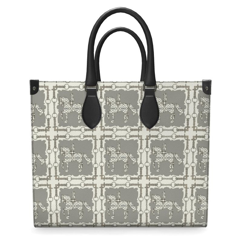 Ivory and Gray Leather Shopper Bag