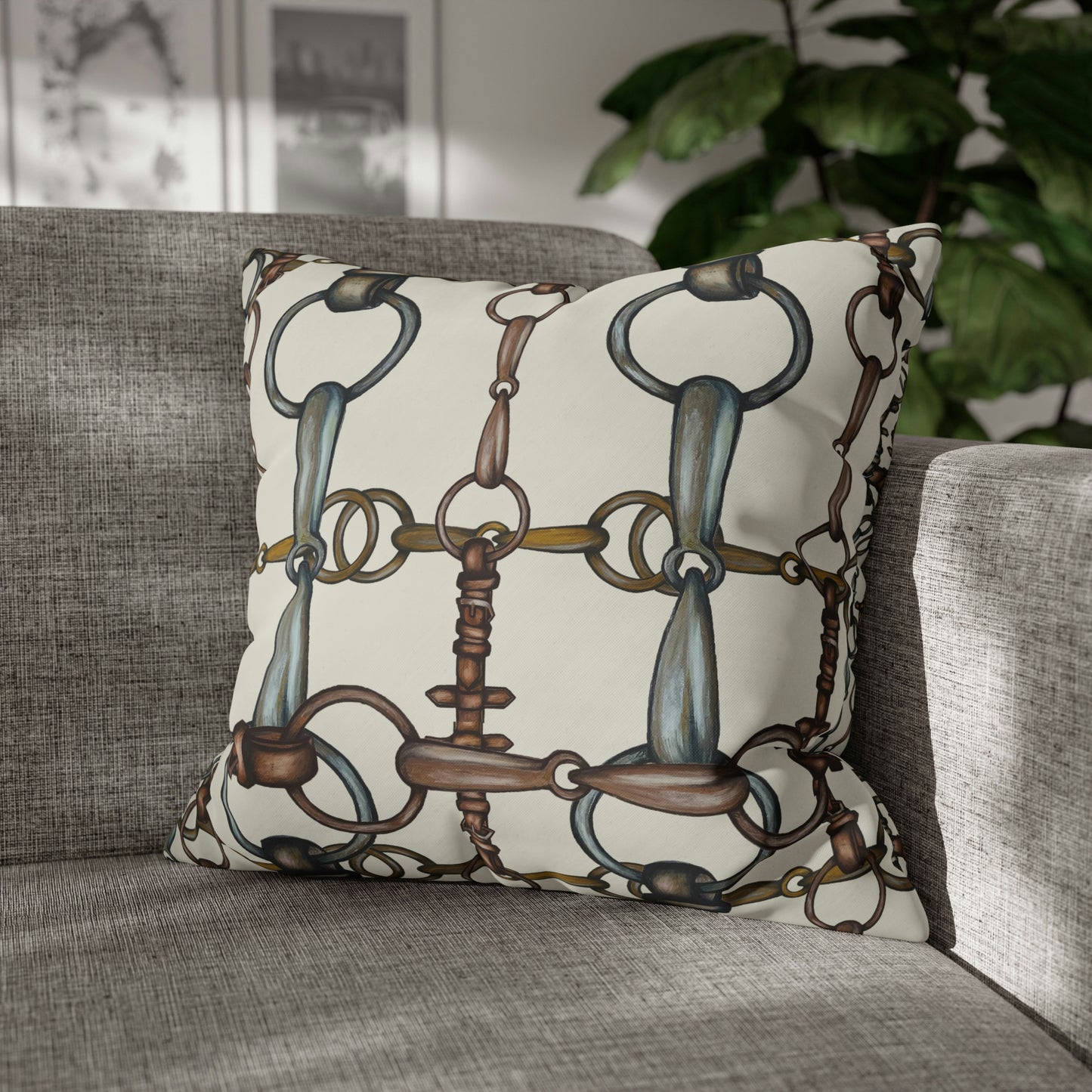 cream Double sided equestrian bit pattern Polyester PILLOW CASE  Pillow Cover Provide your own insert