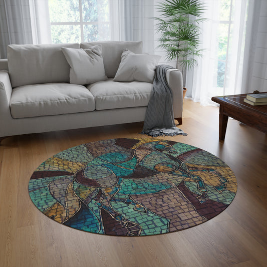 Blue Mosaic Artistic Horse Painting Round Rug