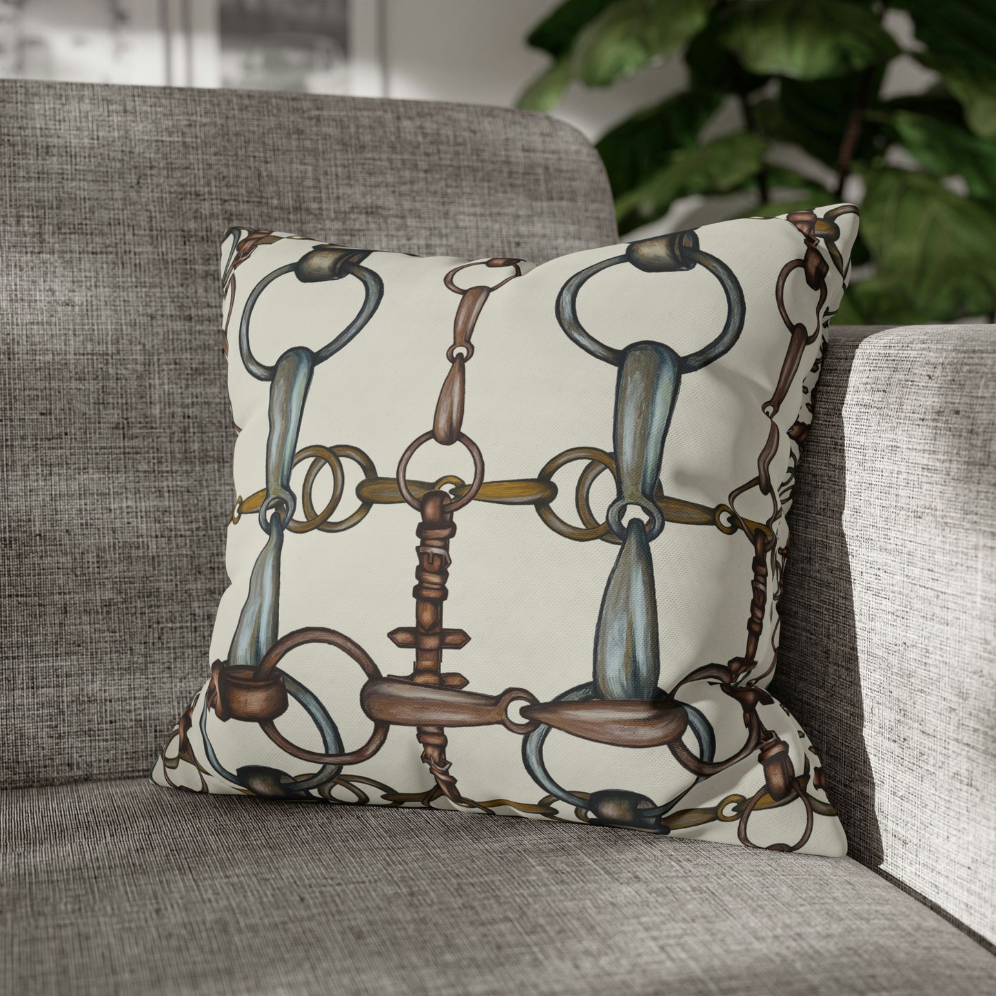 cream Double sided equestrian bit pattern Polyester PILLOW CASE  Pillow Cover Provide your own insert