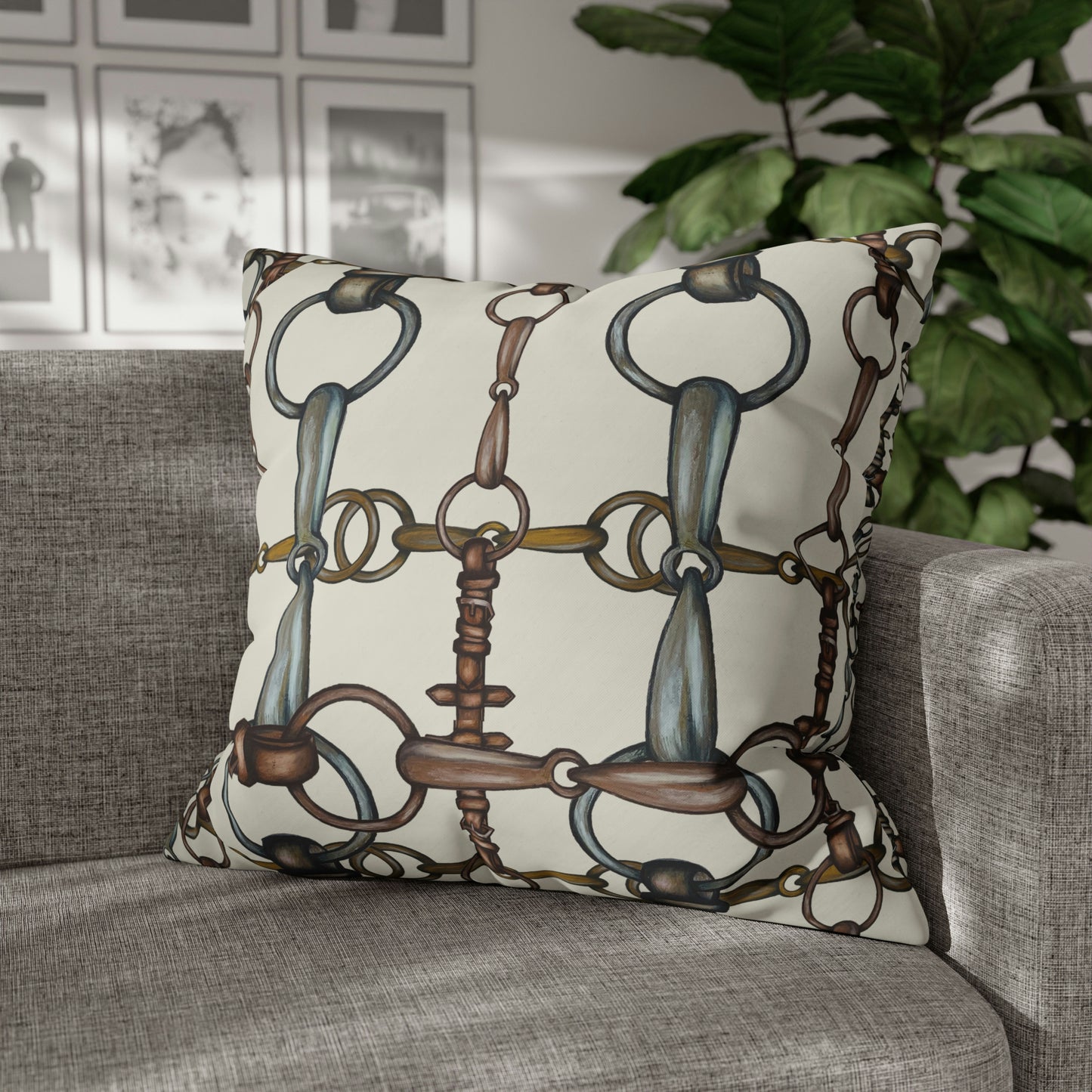 cream Double sided equestrian bit pattern Polyester PILLOW CASE  Pillow Cover Provide your own insert