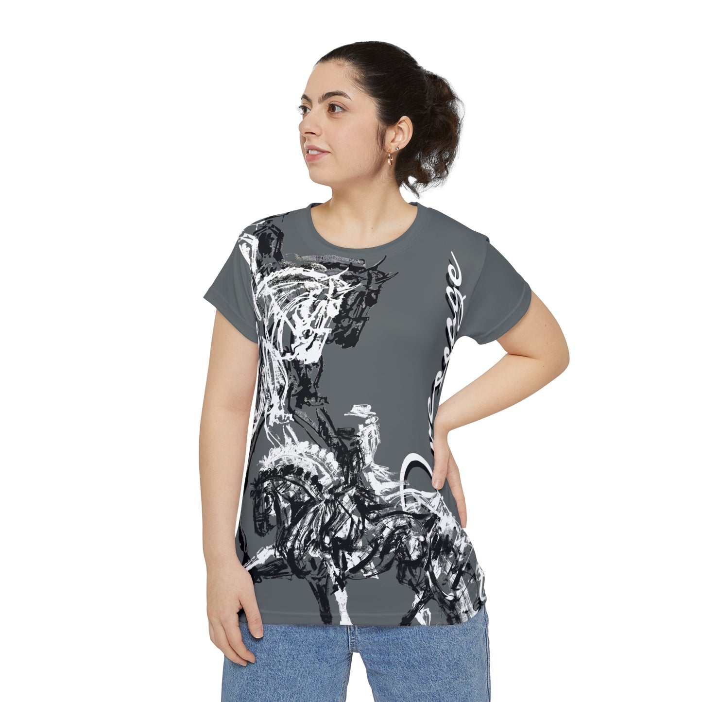 Graphic Sporty Dressage Art Dressage Text  Women's Short Sleeve Shirt (AOP)