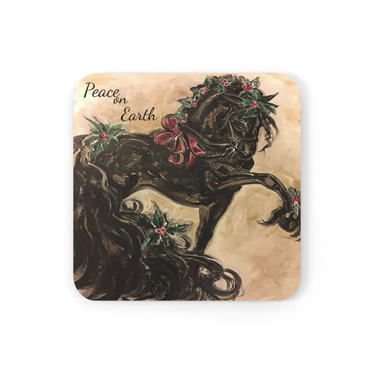 Christmas Friesian Horse Peace on Earth Corkwood Coaster Set one coaster only