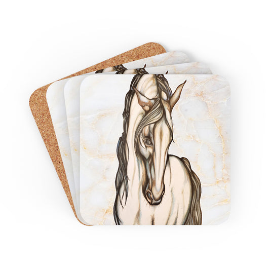 Magnificent White Andalusian Horse White/Gold Marble Corkwood Coaster Set