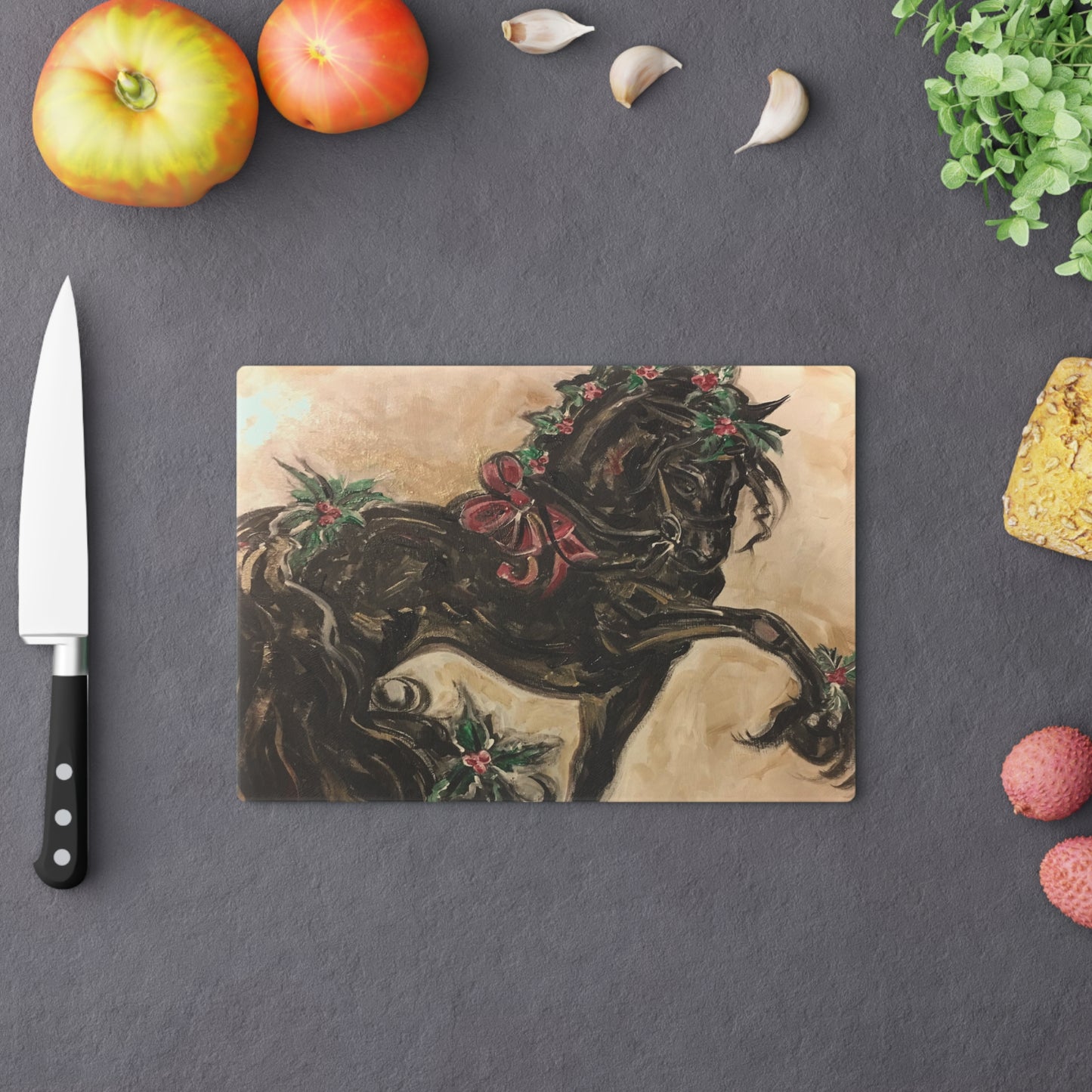 Black Christmas Friesian Horse Cutting Board