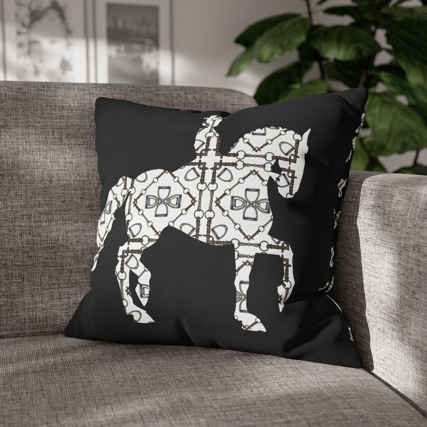 Double Sided Black and White Dressage Horse Pillow Case