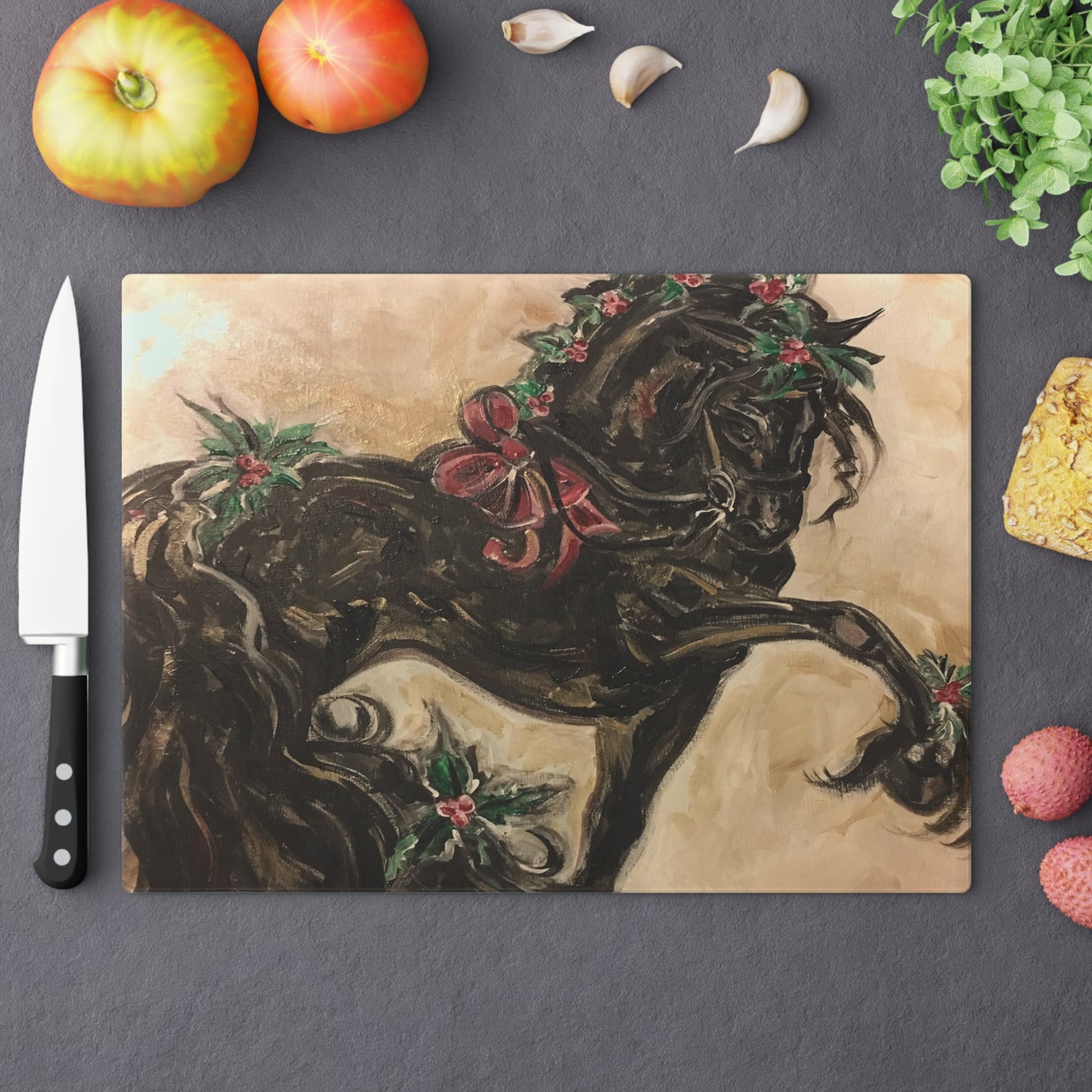 Black Christmas Friesian Horse Cutting Board