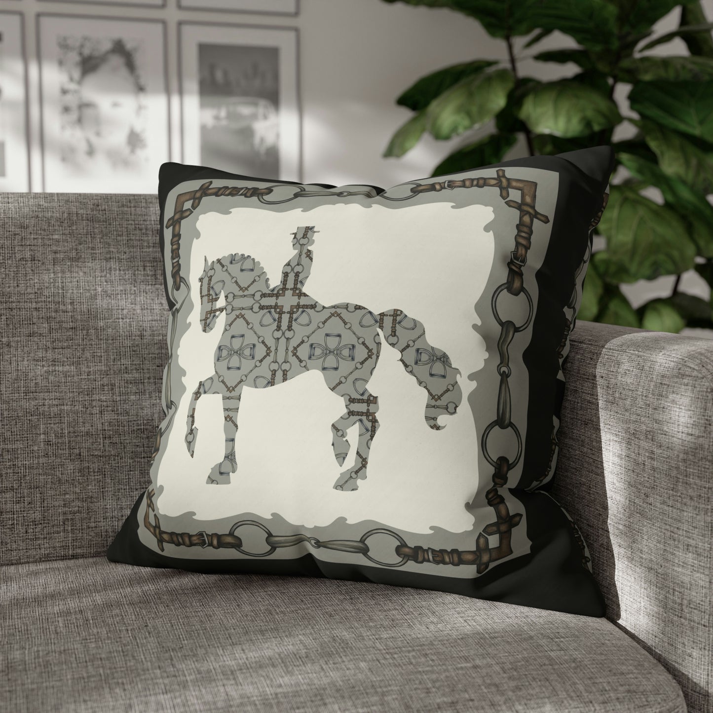 Double Sided Dressage Piaffe Horse Snaffle Bit and Reins Pattern Polyester Pillowcase