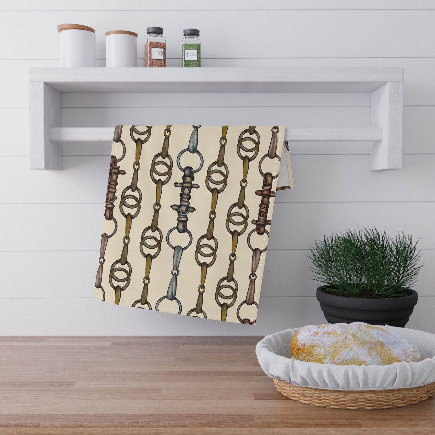 Equestrian Snaffle Bit and Reins Coconut Cream Bathroom or Kitchen Hand Towel