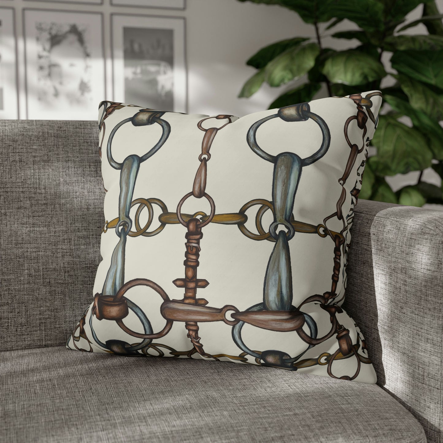 cream Double sided equestrian bit pattern Polyester PILLOW CASE  Pillow Cover Provide your own insert