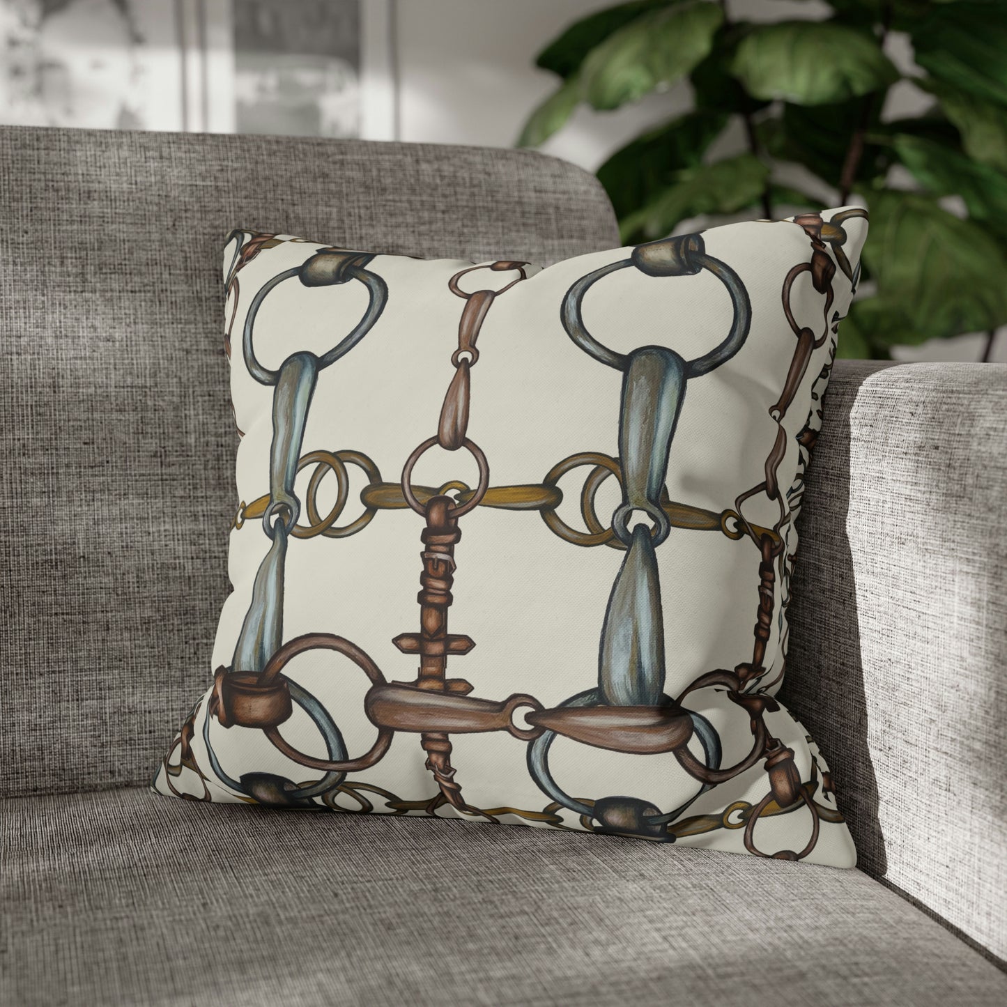 cream Double sided equestrian bit pattern Polyester PILLOW CASE  Pillow Cover Provide your own insert