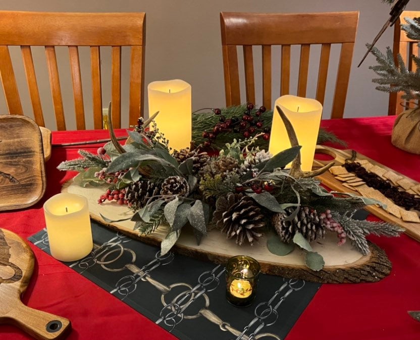 Rustic Holiday Christmas authentic log Centerpiece with pine/PineCones and Deer Horns.