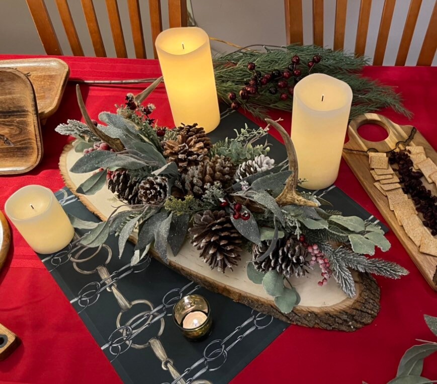 Rustic Holiday Christmas authentic log Centerpiece with pine/PineCones and Deer Horns.