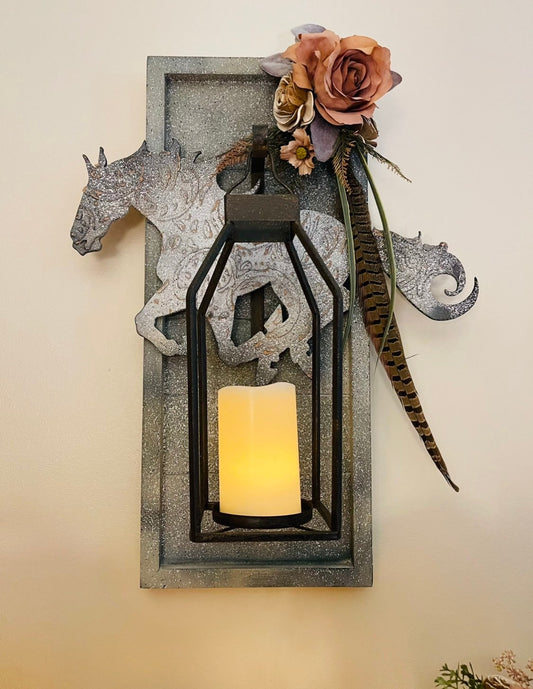 Southwestern Stone-Look Cantering Horse Sconce with Feather