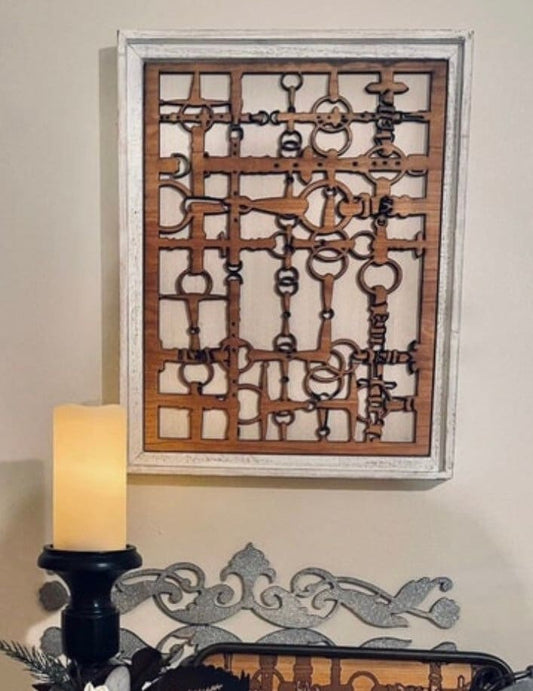 Equestrian Snaffle Bit & Reins Wood Framed 3D Wall Art w/ Wood Inlay